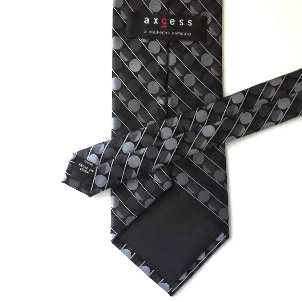 Axcess Claiborne Company Men's Tie 100% Silk Black & Gray Dots & Stripes EUC